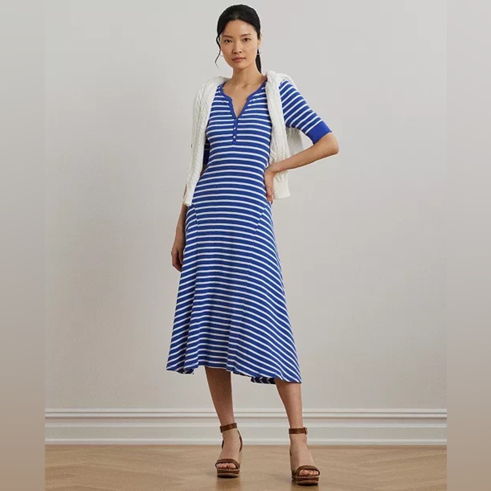 Lauren Ralph Lauren Women's Striped Waffle-Knit Cotton Henley Dress Sz M